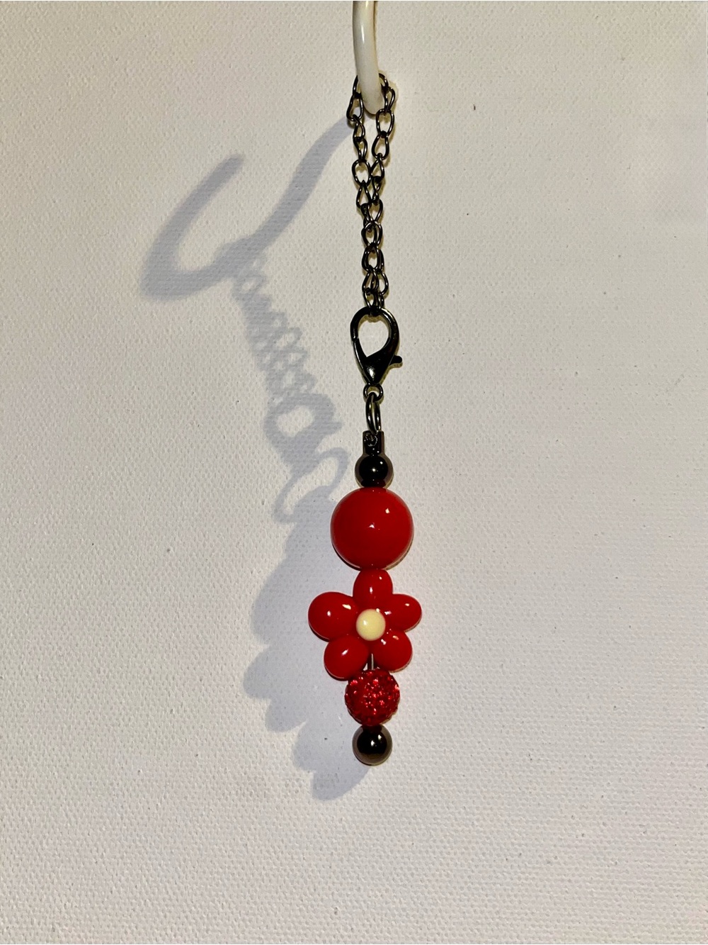 Red Flower Bead Cup Charm with Red Rhinestone Accents